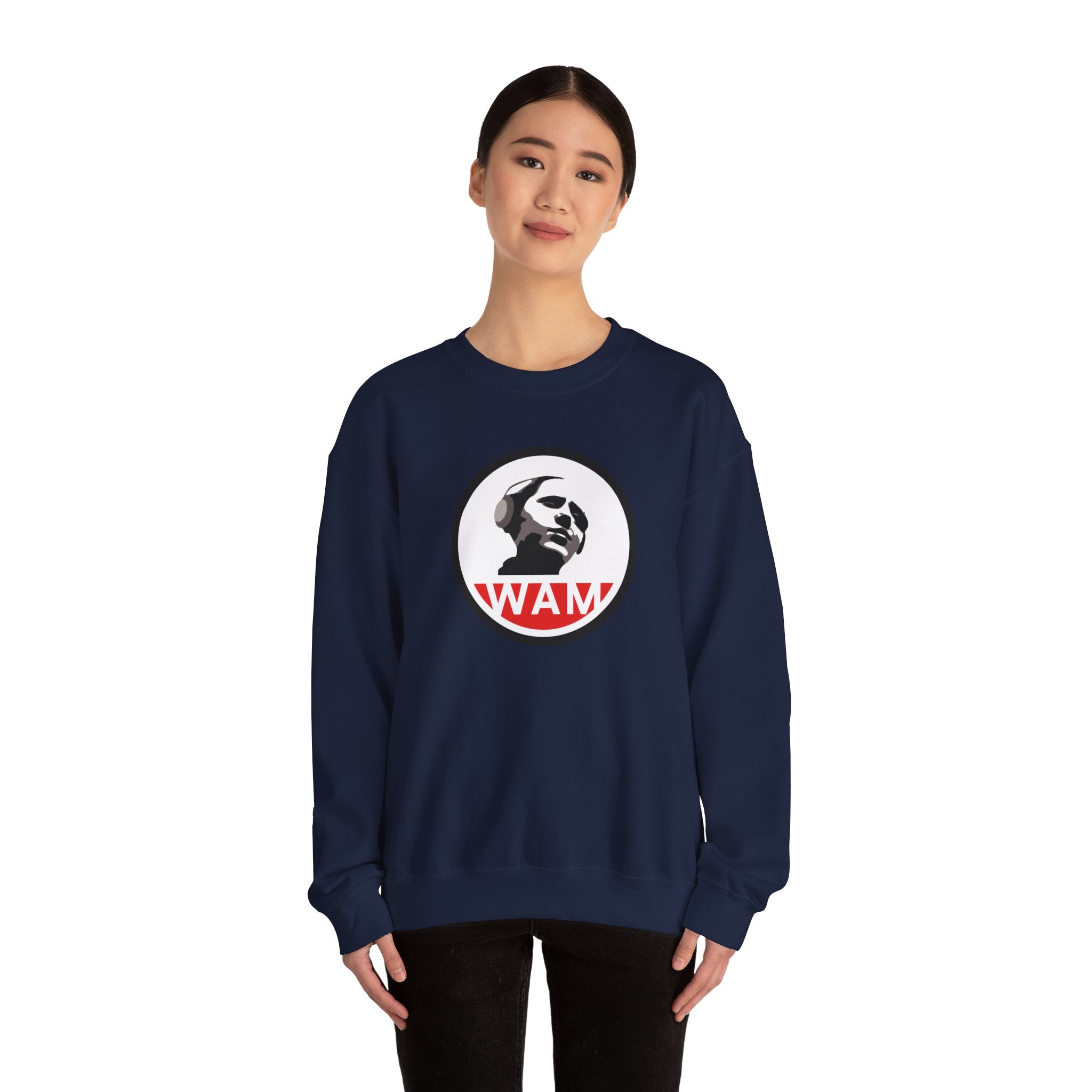 Vintage-Inspired Unisex Crewneck Sweatshirt with WAM Logo | Retro Casual Wear for Music Lovers
