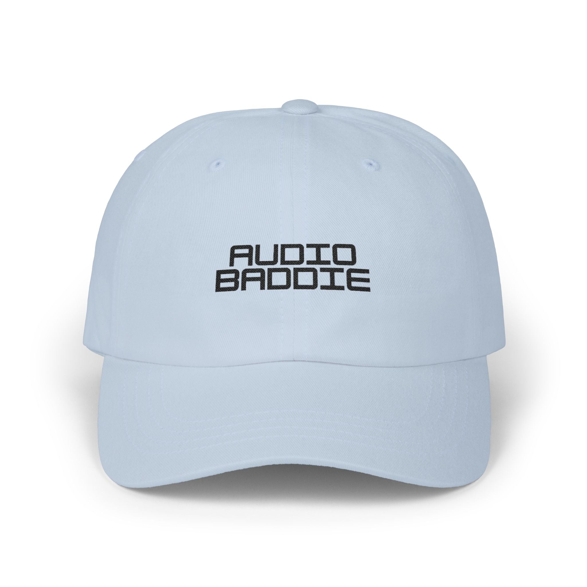 "Audio Baddie" Embroidered White Baseball Hat by Women's Audio Mission