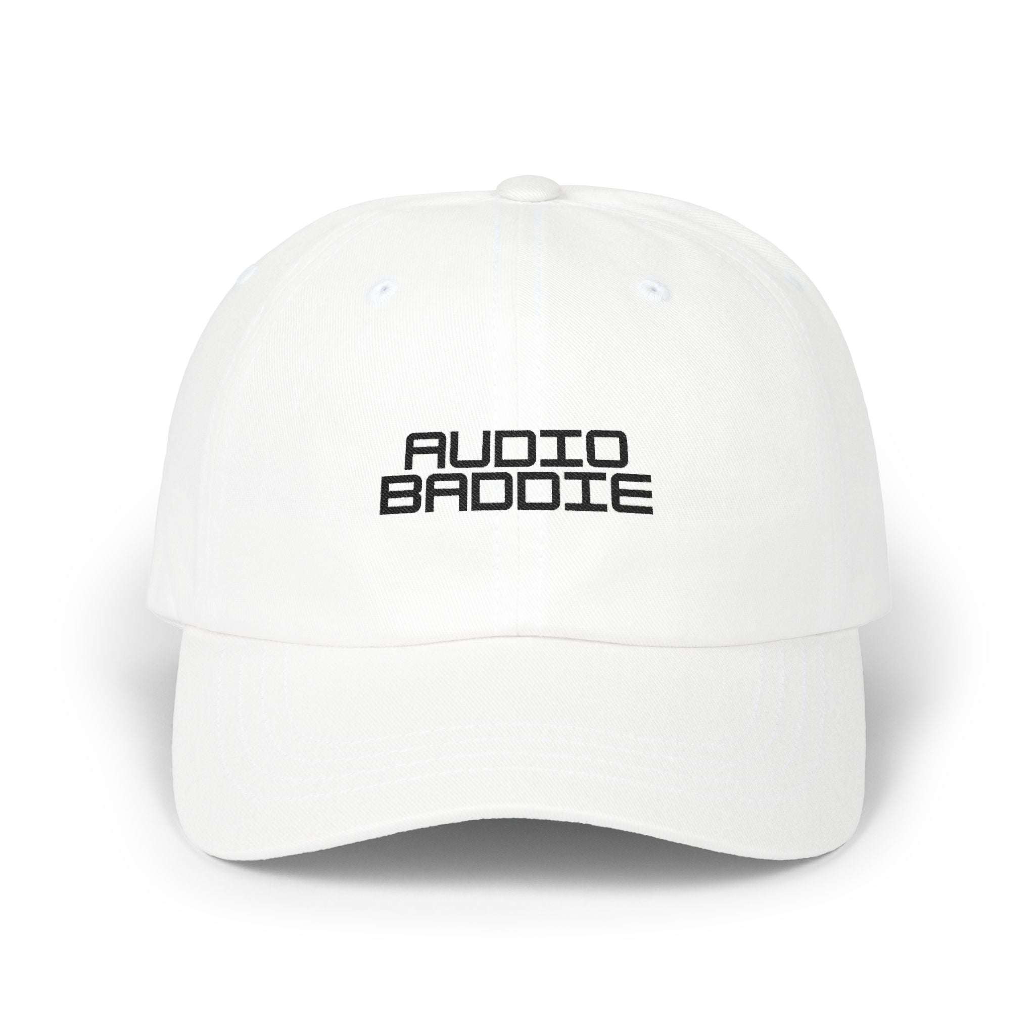 "Audio Baddie" Embroidered White Baseball Hat by Women's Audio Mission